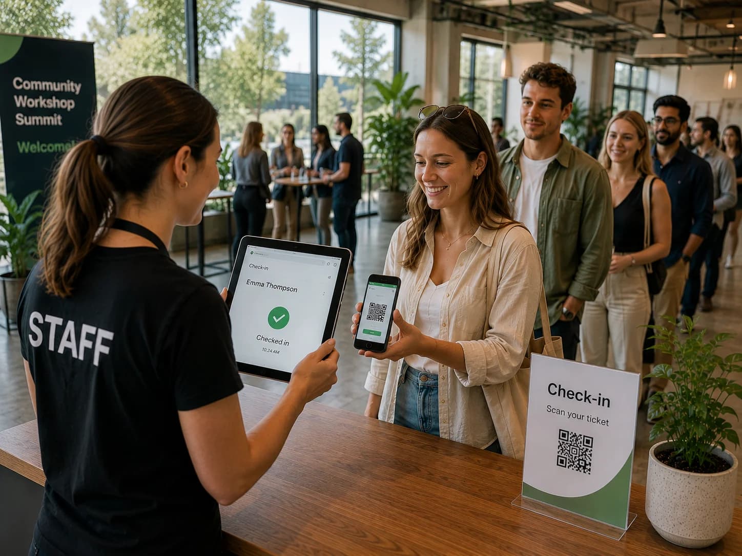 Event staff checking in an attendee with a QR code at a modern Australian event venue